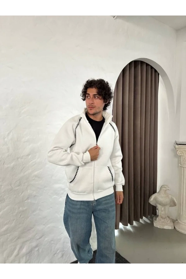 Erkek Oversize Dik Yaka Fermuarlı Sweatshirt - Zincir Nakışli Kanguru Cepli - Beyaz