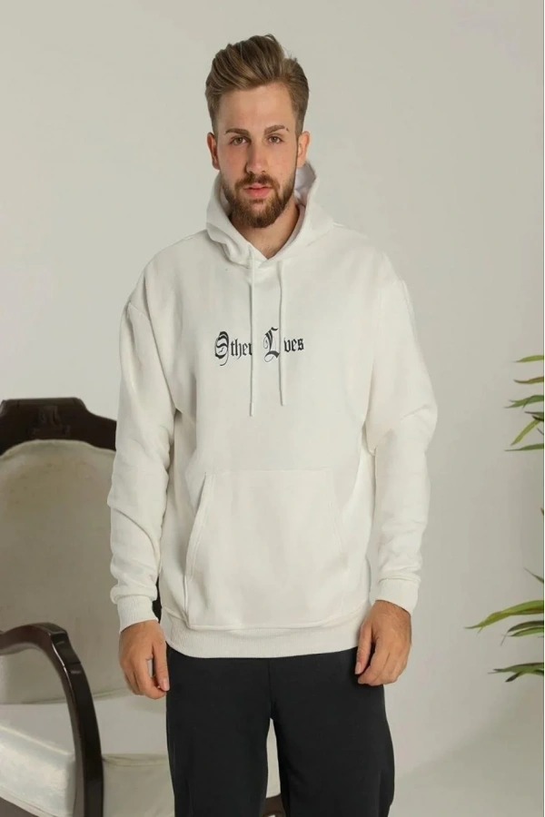 Erkek Oversize Üç İplik Şardonlu Kapüşonlu Sweatshirt – Beyaz “Other Lives” Ön ve Arka Baskılı, Kanguru Cepli, Ribanalı Rahat Kışlık Model Beyaz