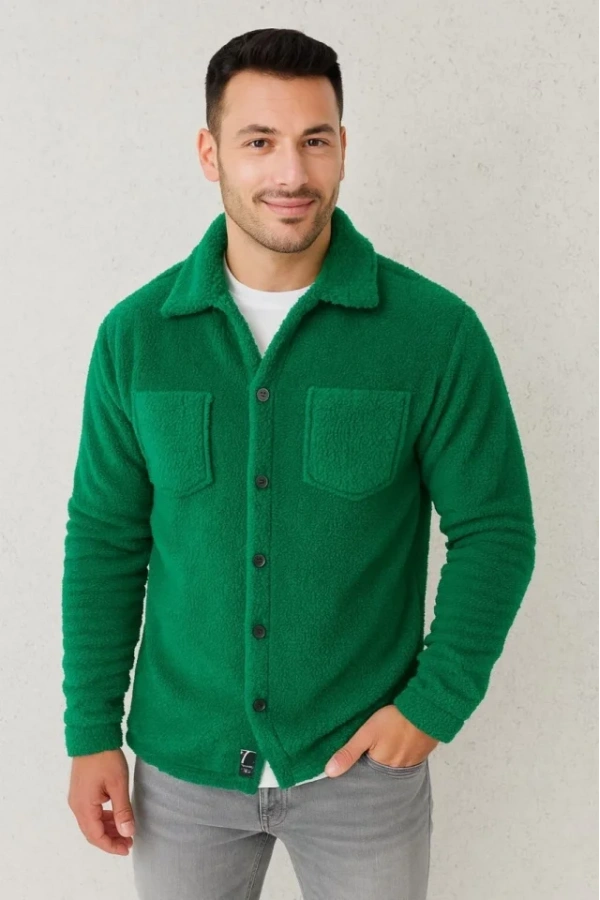 Erkek Pelüş Polar Hırka Gömlek – Yakalı, İlik Düğmeli, Göğüs Cepli, Yumuşak Dokulu Kışlık Regular Fit Rahat Günlük Model - Çimen Yeşili