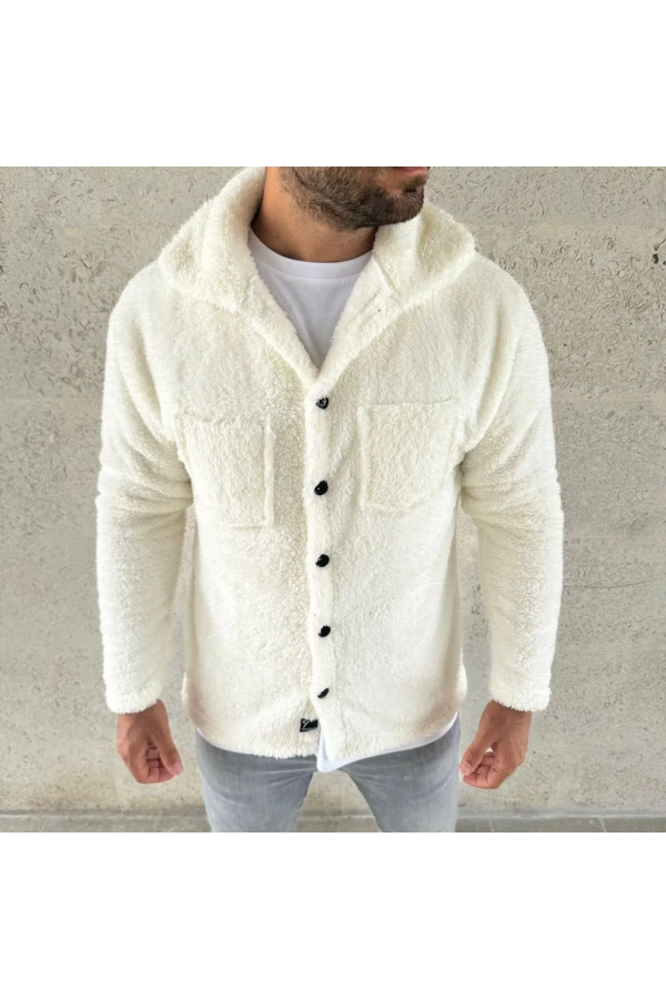Erkek Pelüş Polar Hırka Gömlek – Yakalı, İlik Düğmeli, Göğüs Cepli, Yumuşak Dokulu Kışlık Regular Fit Rahat Günlük Model - Beyaz