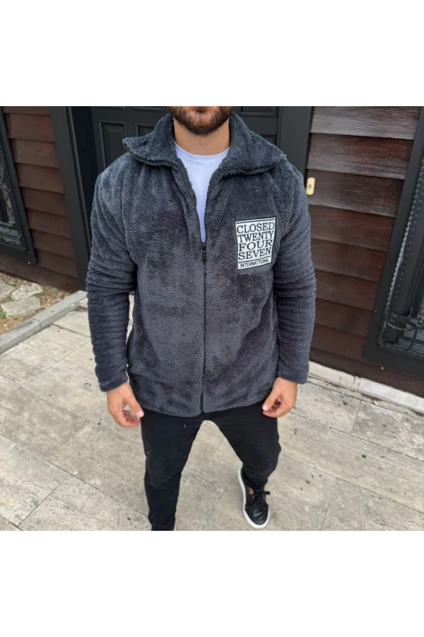 Erkek Desenli Polar Gömlek – Etnik Şerit Desen Yakalı, Uzun Kollu, Düğmeli, Oversize Rahat Kalıp - Füme