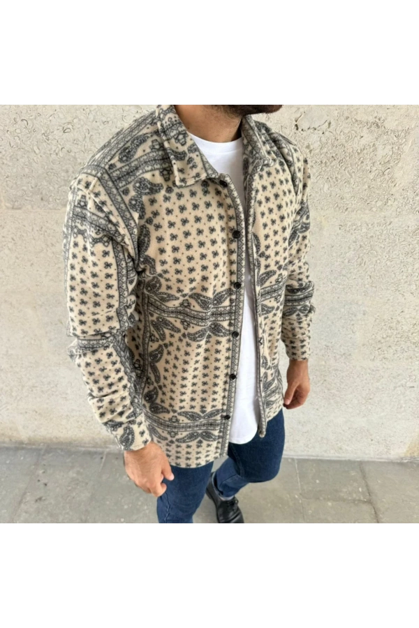 Erkek Polar Fermuarlı Sweatshirt – Kapüşonsuz, Cepli, Yumuşak Dokulu, Oversize Rahat Kalıp, Kışlık Sıcak Tutan Fermuarlı Üst - Bej