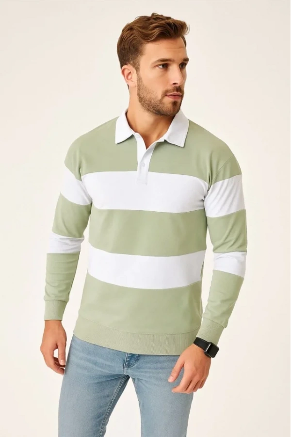 Erkek Polo Yaka Uzun Kollu Çizgili Sweatshirt Trend Rugby Stil - Mint Yeşili