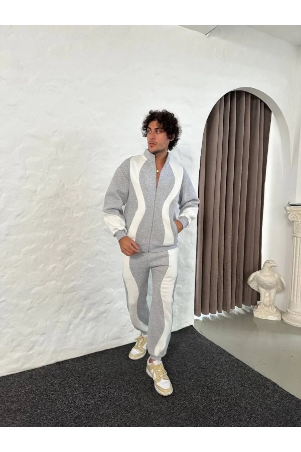 Erkek Premium Parçalı Eşofman Takım - Dik Yaka Fermuarlı Sweatshirt, - Gri