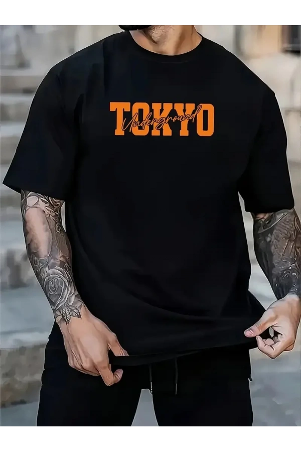 Erkek Turuncu Spor Araba Grafik Tişört - TOKYO Baskılı Günlük Oversize Kısa Kollu Tişört, Yetişkinler için Yazlık Giyim, Turuncu Araba Tasarımı- Siyah
