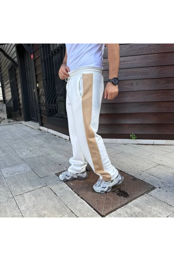 Erkek Üç İplik Kışlık Pamuklu Yandan Garneli Kalın Bej Şeritli Cepli Eşofman Altı - Beyaz