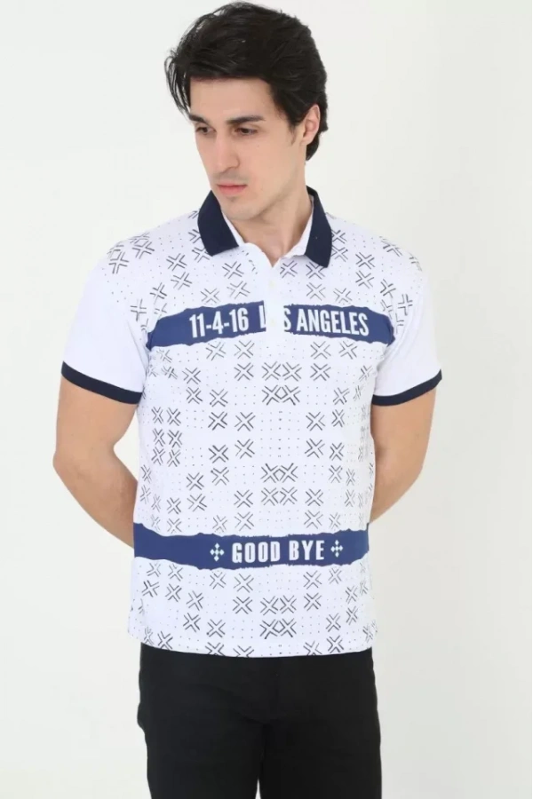 Erkek Yakalı Slim Fit Baskılı T-Shirt - Beyaz