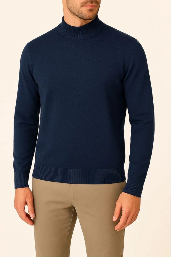 Erkek Yarım Boğaz Triko Kazak yumuşak dokulu Pamuklu ince Dokuma, uzun kollu Rahat Regular kalıp - Lacivert