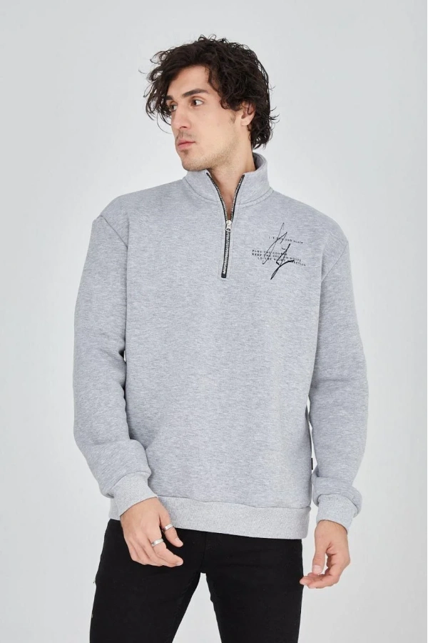 Erkek Yarım Fermuarlı Baskılı Sweat - Gri