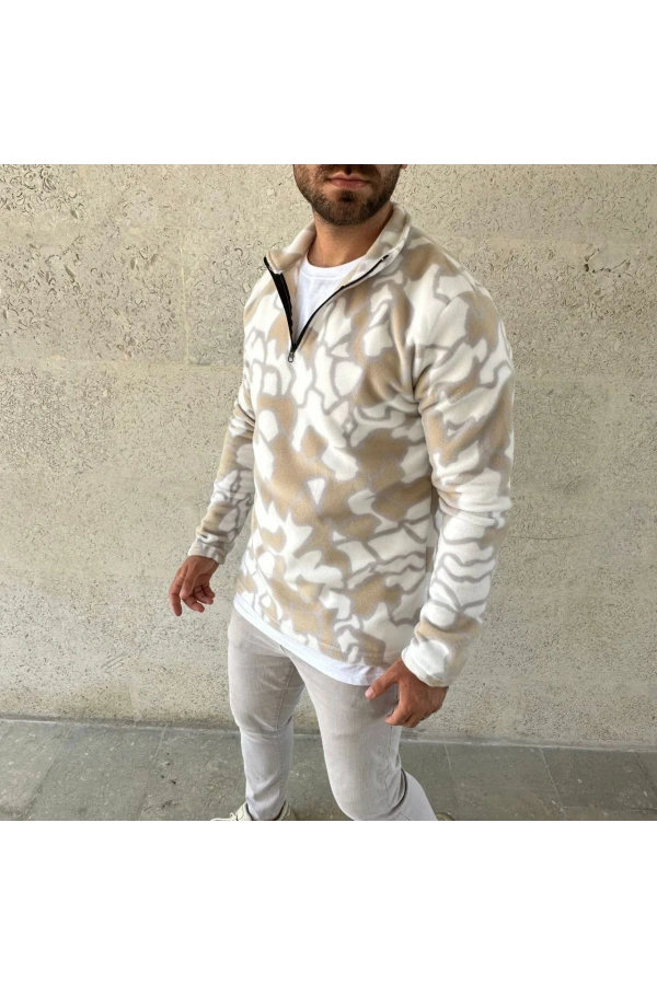 Erkek Yarım Fermuarlı Desenli Polar Sweat Yakalı, Uzun Kollu, Oversize Rahat Kalıp - Bej