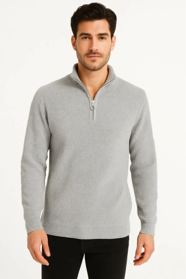 Erkek Yarım Fermuarlı Triko Kazak – Selanik Örgü, Dik Yaka, Pamuklu Dokuma, Regular Fit Uzun Kollu Kışlık Model - Gri
