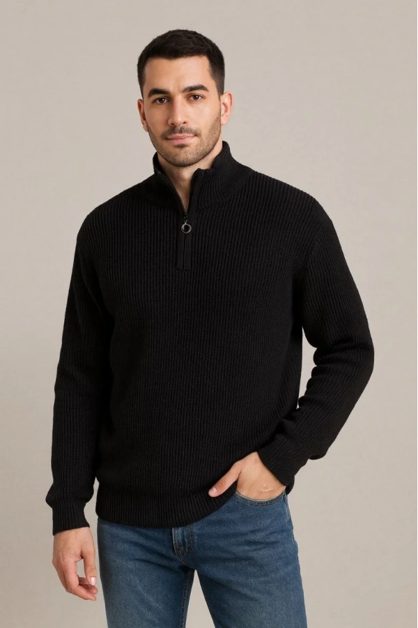 Erkek Yarım Fermuarlı Triko Kazak – Selanik Örgü, Dik Yaka, Pamuklu Dokuma, Regular Fit Uzun Kollu Kışlık Model - Siyah