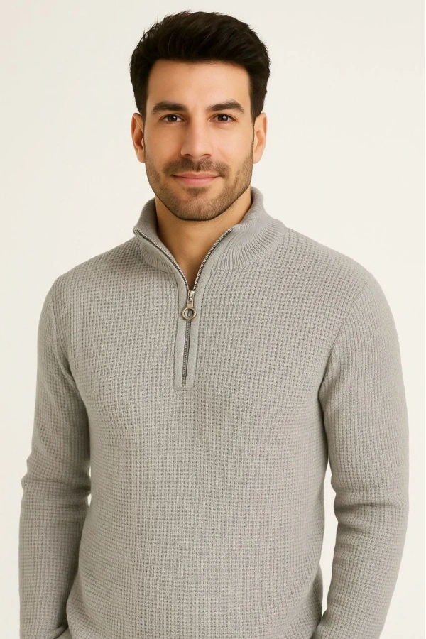 Erkek Yarım Fermuarlı Triko Kazak – Selanik Örgü, Dik Yaka, Pamuklu Dokuma, Regular Fit Uzun Kollu Kışlık Model - Gri