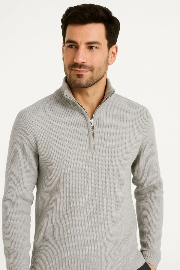 Erkek Yarım Fermuarlı Triko Kazak – Selanik Örgü, Dik Yaka, Pamuklu Dokuma, Regular Fit Uzun Kollu Kışlık Model - Gri