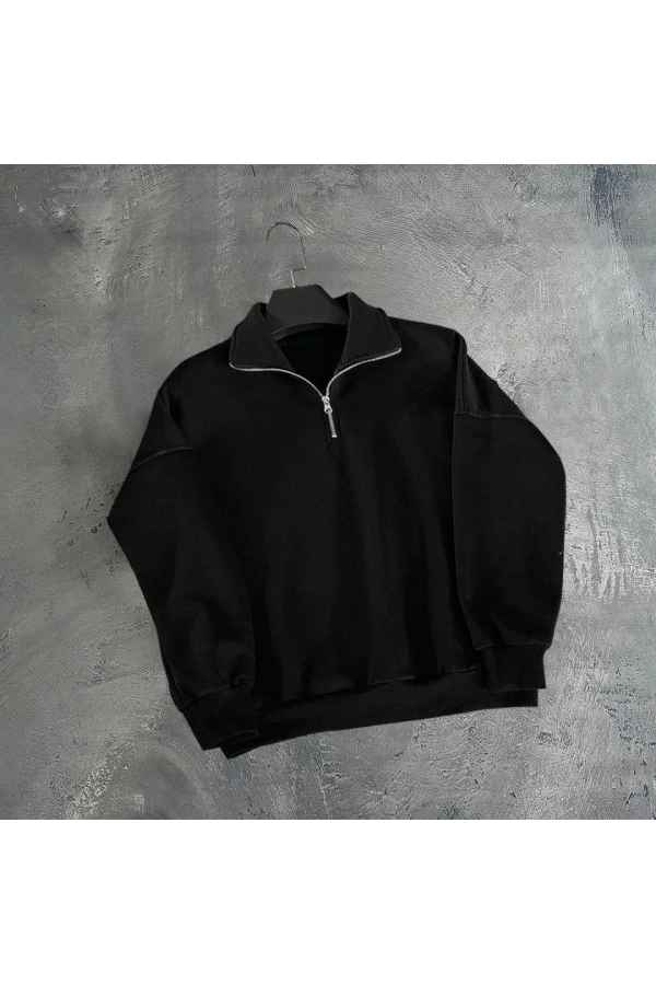 Erkek Yarım Fermuarlı Üç İplik Sweatshirt - Siyah