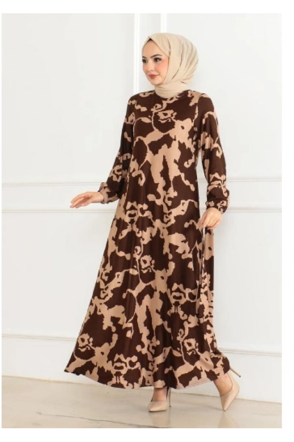 Eteği Kloş Desenli Elbise KAHVE VİZON