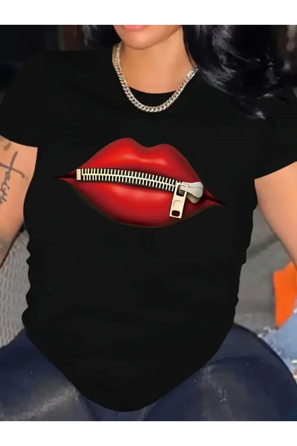 fermuar dudak baskılı tişört bisiklet yaka kısa kollu tişört - Siyah