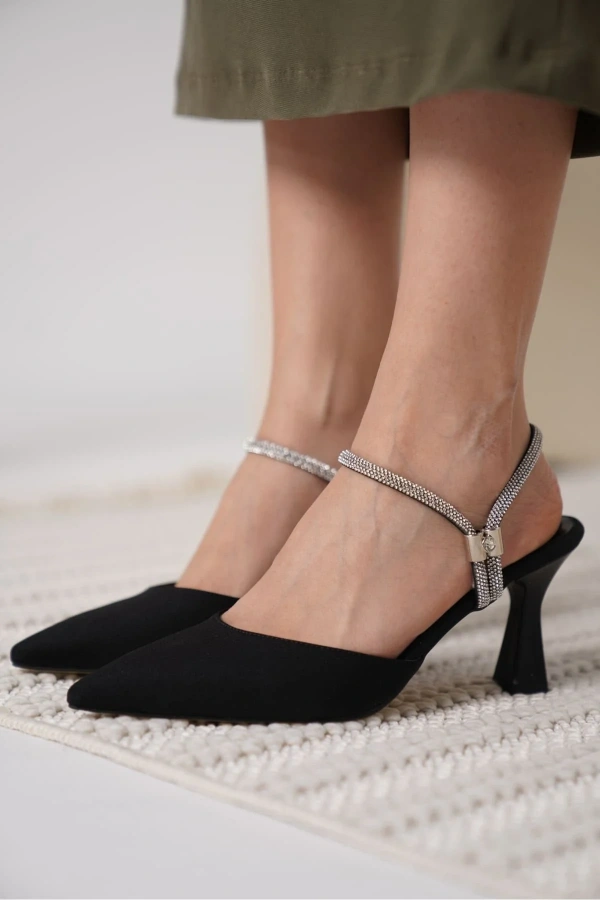 Georgina Kadın Taşlı Siyah Saten Topuklu Ayakkabı