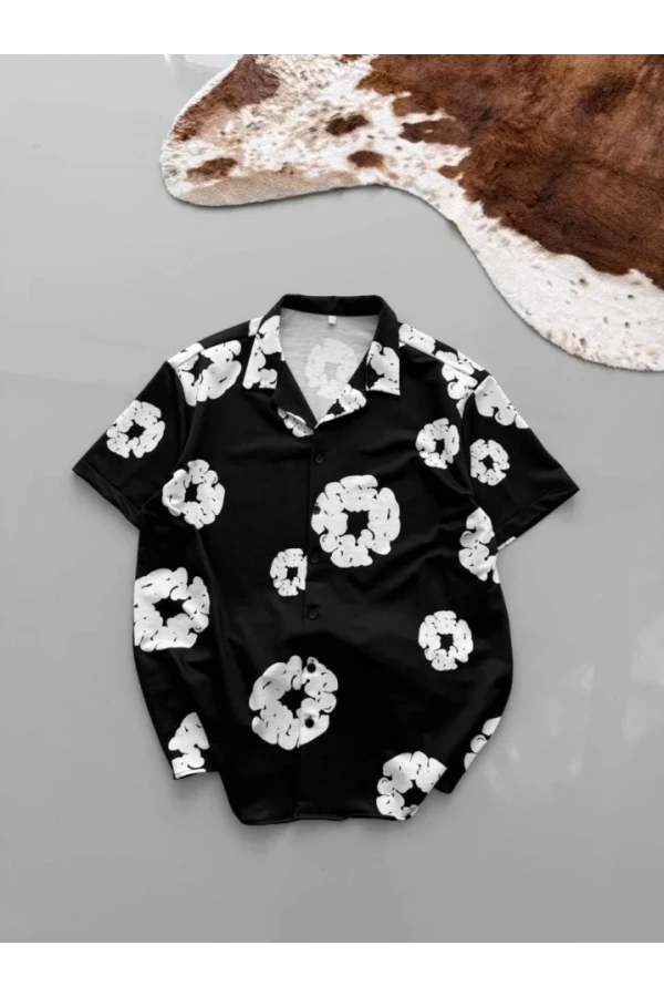 İki İplik Kumaş Baskılı Gömlek - Siyah