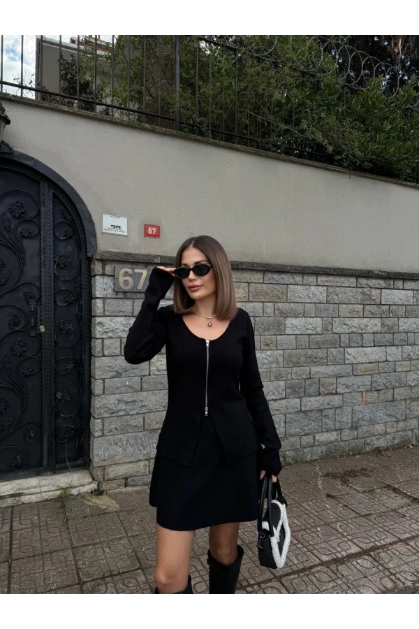 İkili Fermuarlı Hırkalı Etekli Takım - Siyah