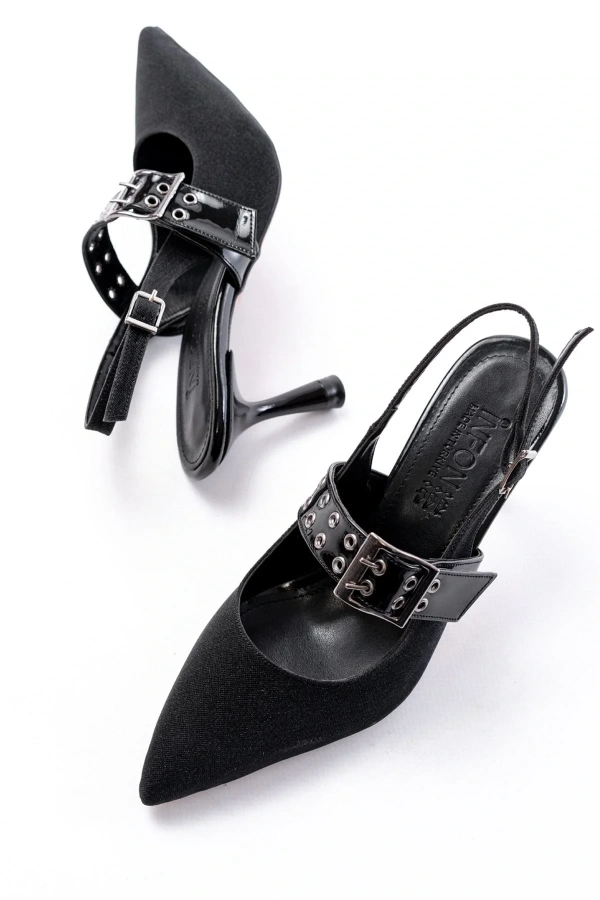 İNF-260 Siyah Simli Günlük Arkası Açık Baret Tokalı Topuklu Bayan Ayakkabı