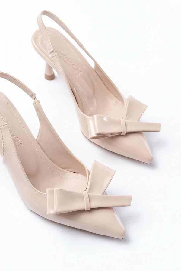 İNF-4501 Bej Rugan Günlük Arkası Açık Fiyonklu Topuklu Bayan Ayakkabı