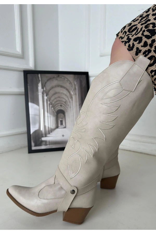Jilla Bej Cilt Tak Çıkar Topuklu Bot Ve Çizme