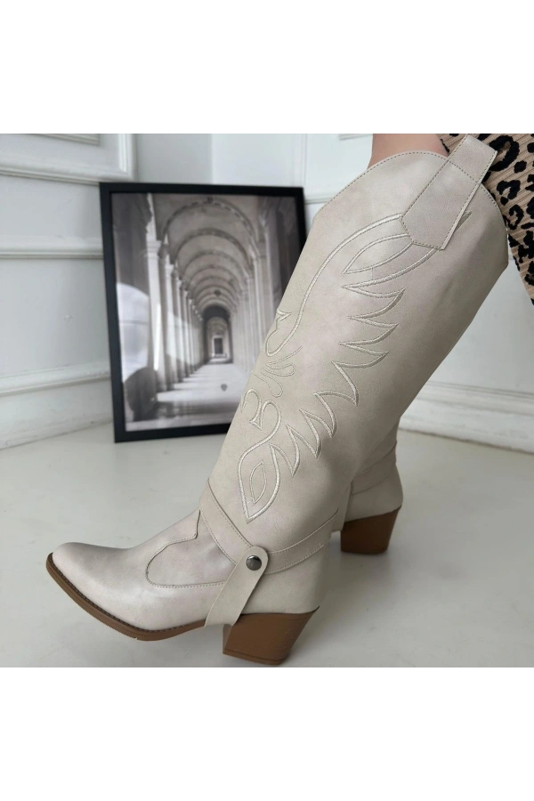 Jilla Bej Cilt Tak Çıkar Topuklu Bot Ve Çizme