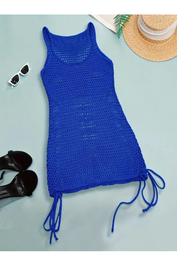 Kadın Askılı Eteği Büzgü Bağlama Detay Delikli örme Triko Pareo Elbise