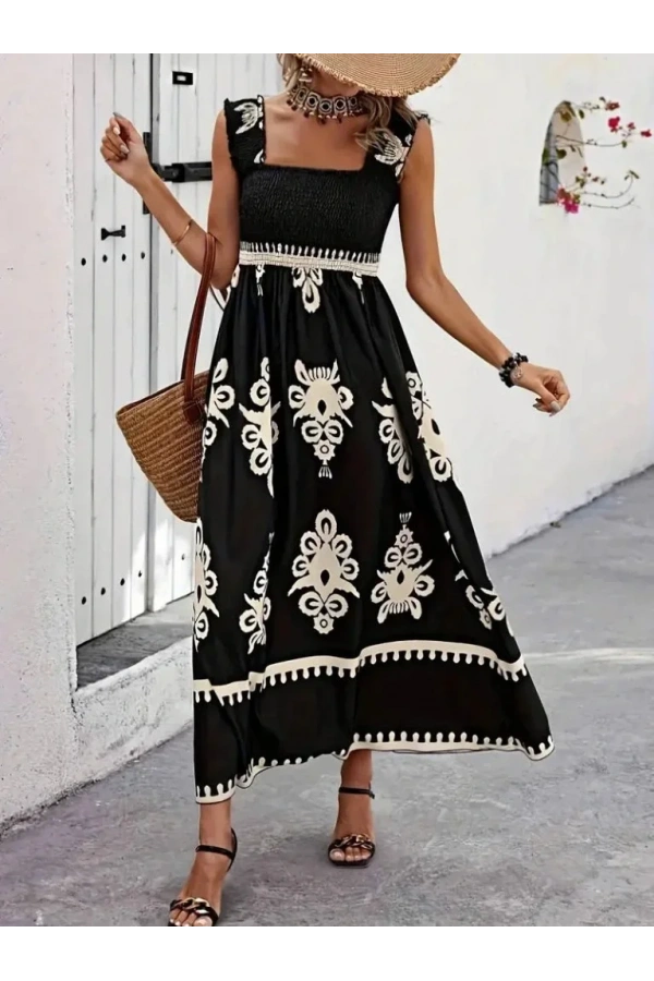 Kadın Askılı Kare Yaka Gipe Detaylı Desenli Suprem Elbise