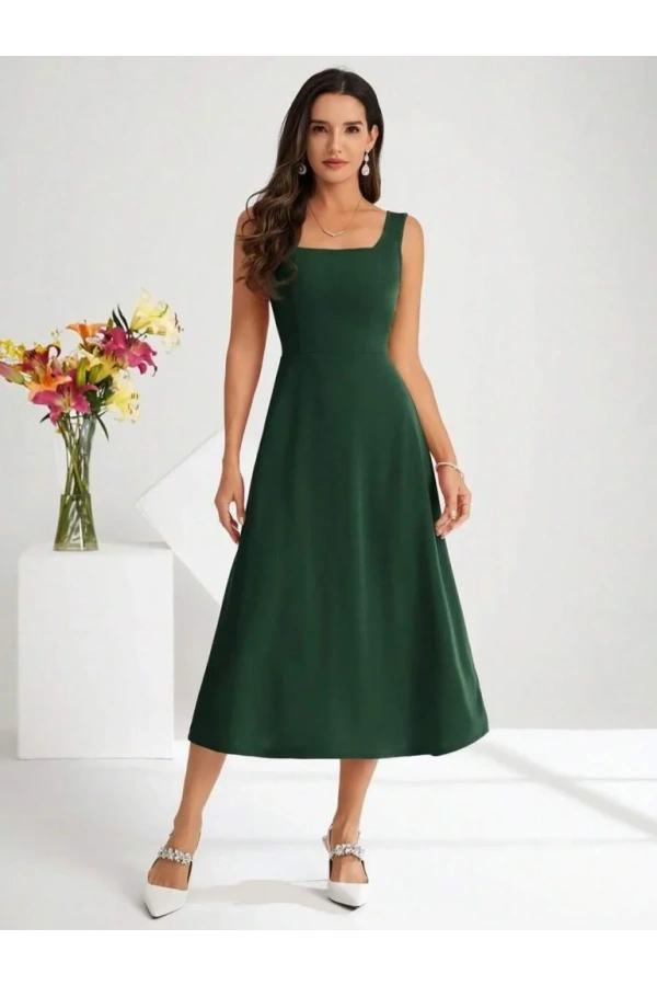 Kadın Askılı Kare Yakalı Midi Ithal Krep Elbise