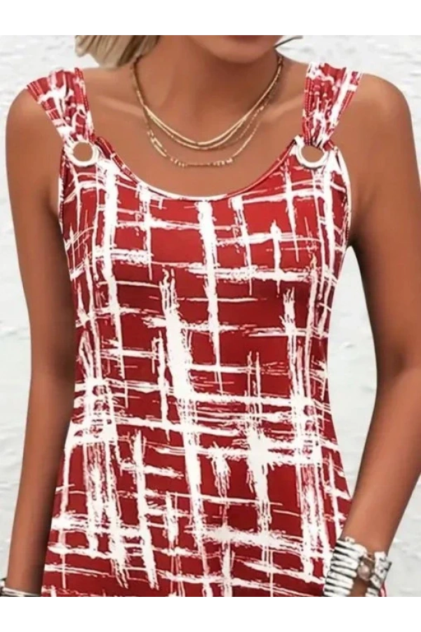 Kadın Askılı Kuş Gözü Detaylı Desenli Süprem Elbise