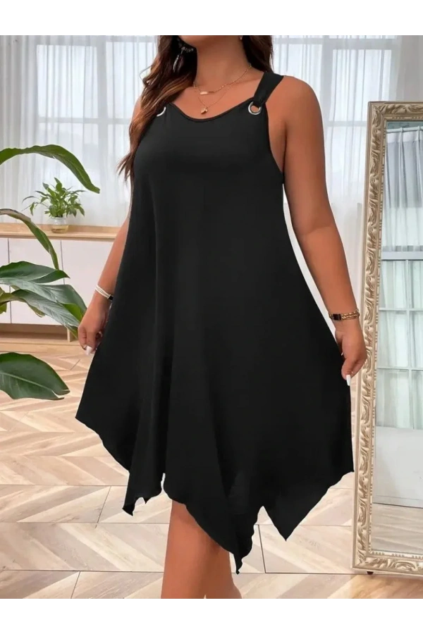 Kadın Askılı Yuvarlak Yaka Kuş Gözü Detaylı Asimetrik Viskon Elbise