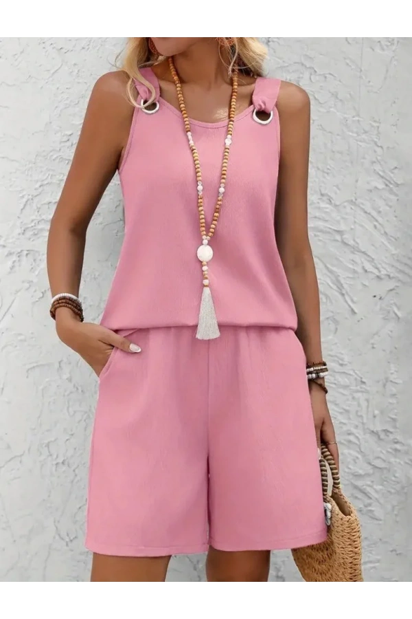 Kadın Askılı Yuvarlak Yaka Kuş Gözü Detaylı Bürümcük Bluz Ve Short Ikili Takım