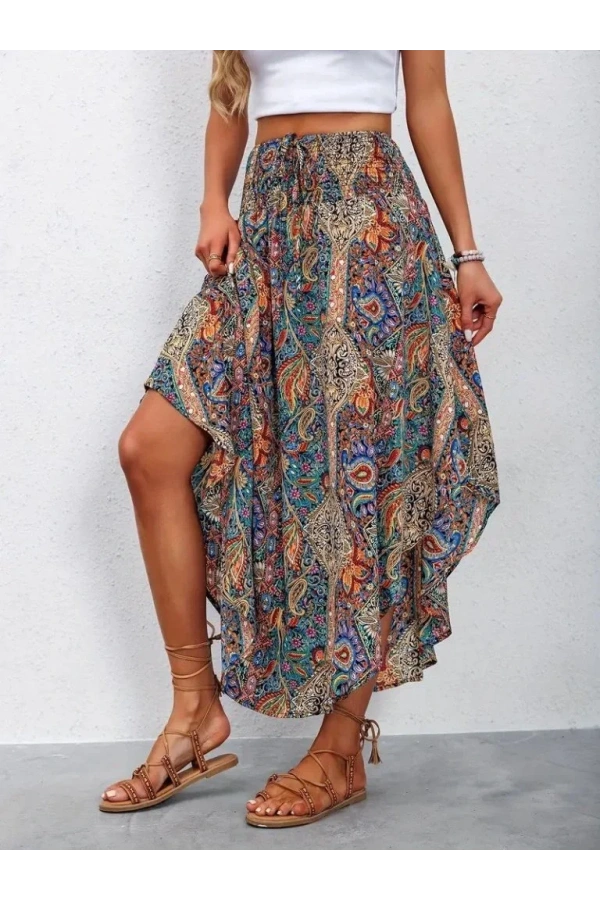 Kadın Beli Lastikli Bağcıklı Asimetrik Kesim Detaylı Desenli Bürümcük Etek