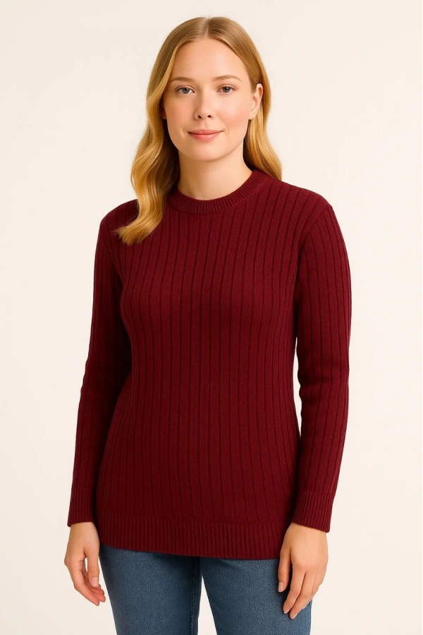 Kadın Bisiklet Yuvarlak Yaka Triko Kazak Pamuklu Kalın Fitilli Dokuma, Regular Fit Uzun Kollu Kışlık Model - Bordo