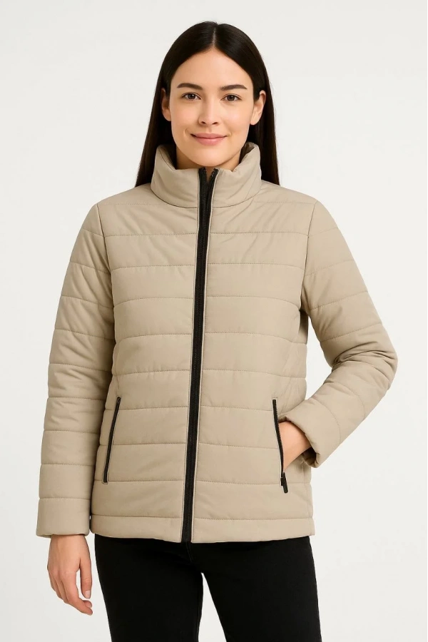 Kadın Bomber Mont Ceket – Su İtici Kumaş, Kapitone Astarlı, Fermuarlı, Kışlık - Bej