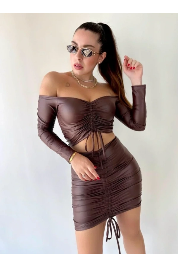 Kadın Büzgülü Deri Etek Takım Fırsat Ürün