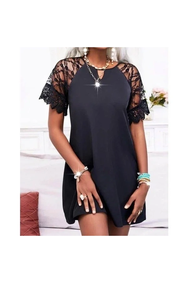 Kadın Dantelli Kısa Kollu Damla Yaka Krep Elbise