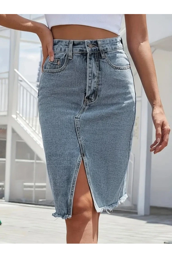 Kadın Elastik Bel Yırtık Kenar Detaylı Kot Etek