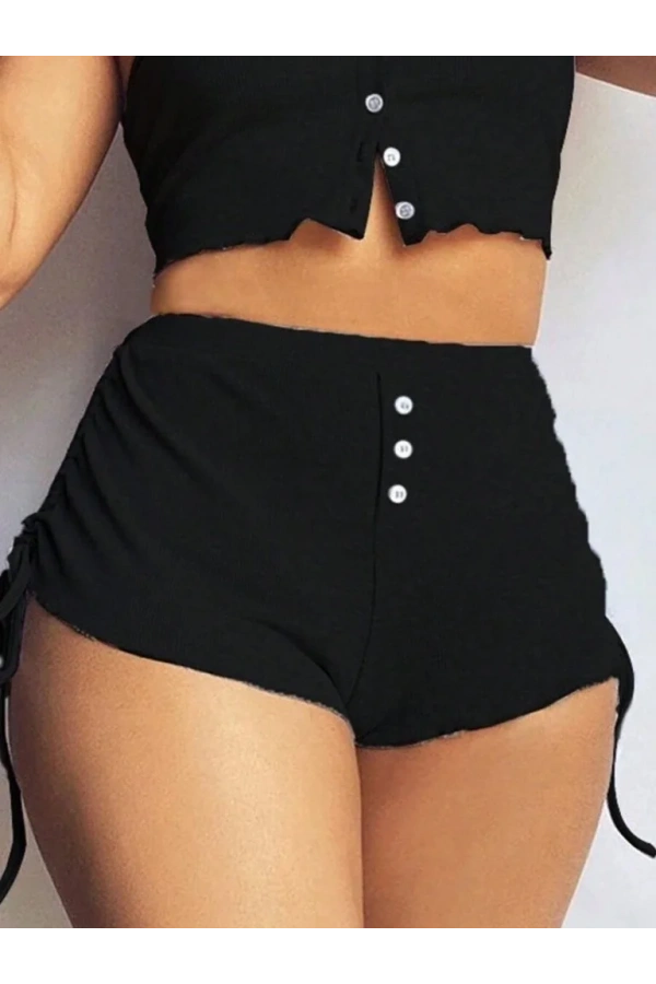 Kadın Ip Askılı Crop Bluz Ve Yanlardan Büzgülü Ikili Kaşkorse Short Takım