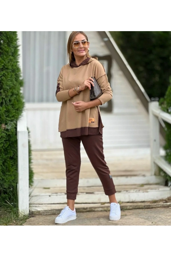 Kadın Kahve Kapşonlu Etek Ucu Detay Arma Ters Dikiş Gorunumlu Ikili Takım