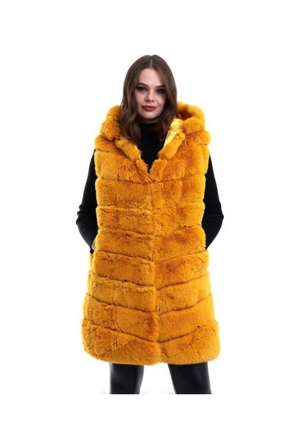 Kadın Kapşonlu Peluş Kürk Yelek Premium Kalite, Tam Astarlı, Uzun Model - Sarı