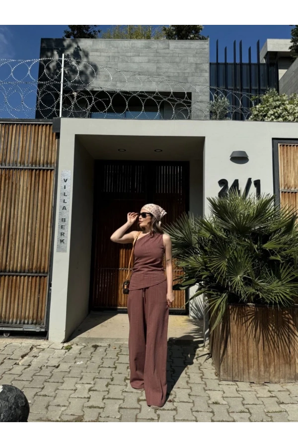 Kadın Keten Asimetrik Tek Omuzlu Bluz Pantalon Takım- Bordo