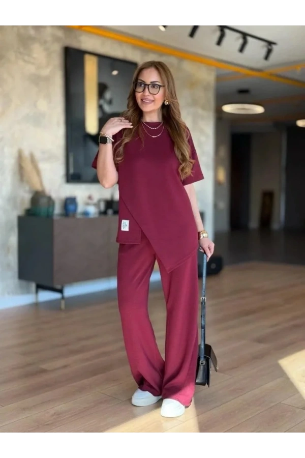 Kadın Kısa Kollu Bisiklet Yaka Asimetrik Viskon Iki Iplik Bluz Ve Pantolon Ikili Takım