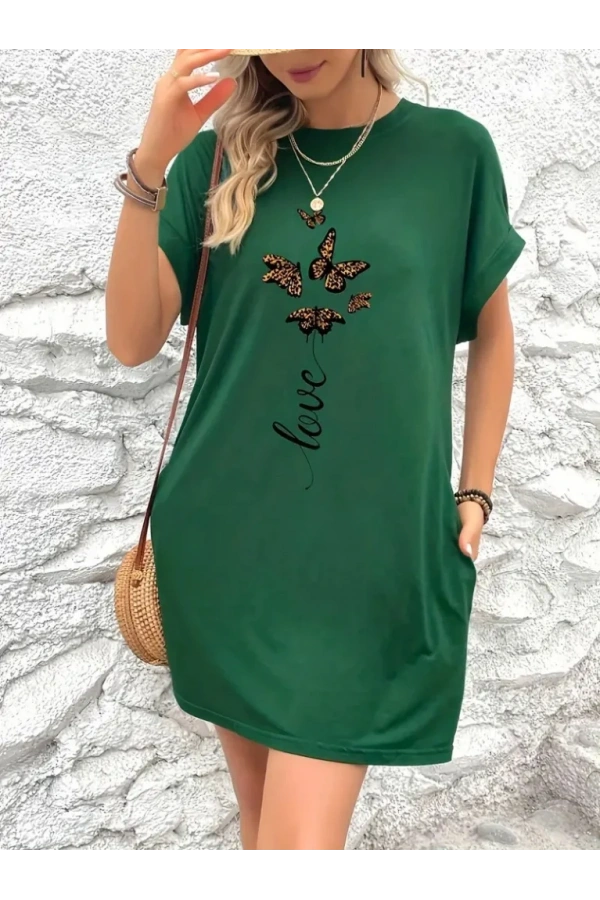 Kadın Kısa Kollu Bisiklet Yaka Cepli Kelebek Baskılı Viskon Elbise