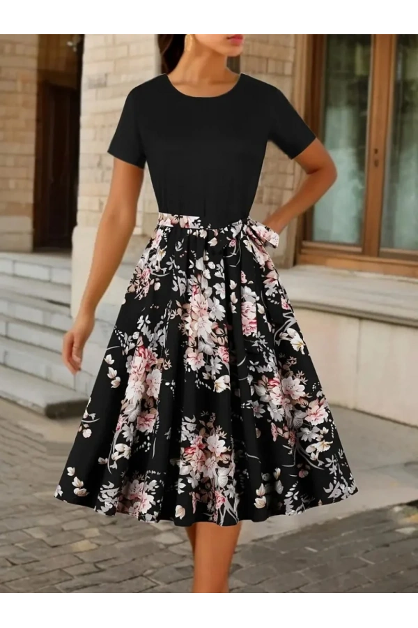 Kadın Kısa Kollu Bisiklet Yaka çiçek Desenli üst Viskon Alt Süprem Kısa Elbise