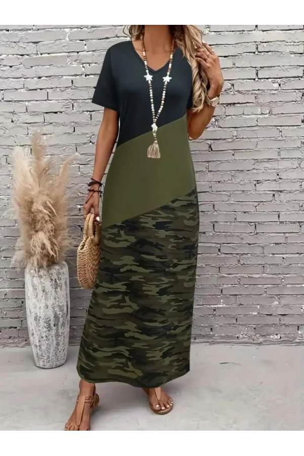 Kadın Kısa Kollu Bisiklet Yaka çok Renkli Maksi Viskon Elbise