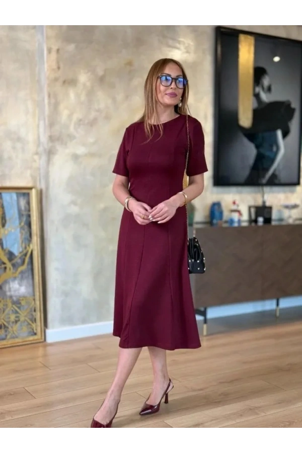 Kadın Kısa Kollu Bisiklet Yaka Midi Viskon Iki Iplik Elbise