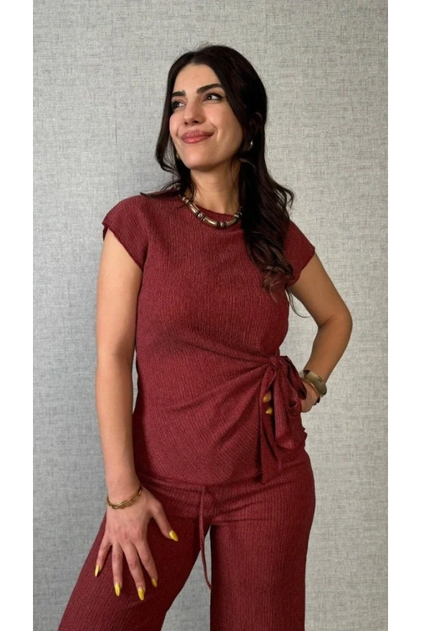 Kadın Kısa Kollu Bisiklet Yaka Yandan Bağlamalı Bürümcük Bluz Ve Pantolon Ikili Takım